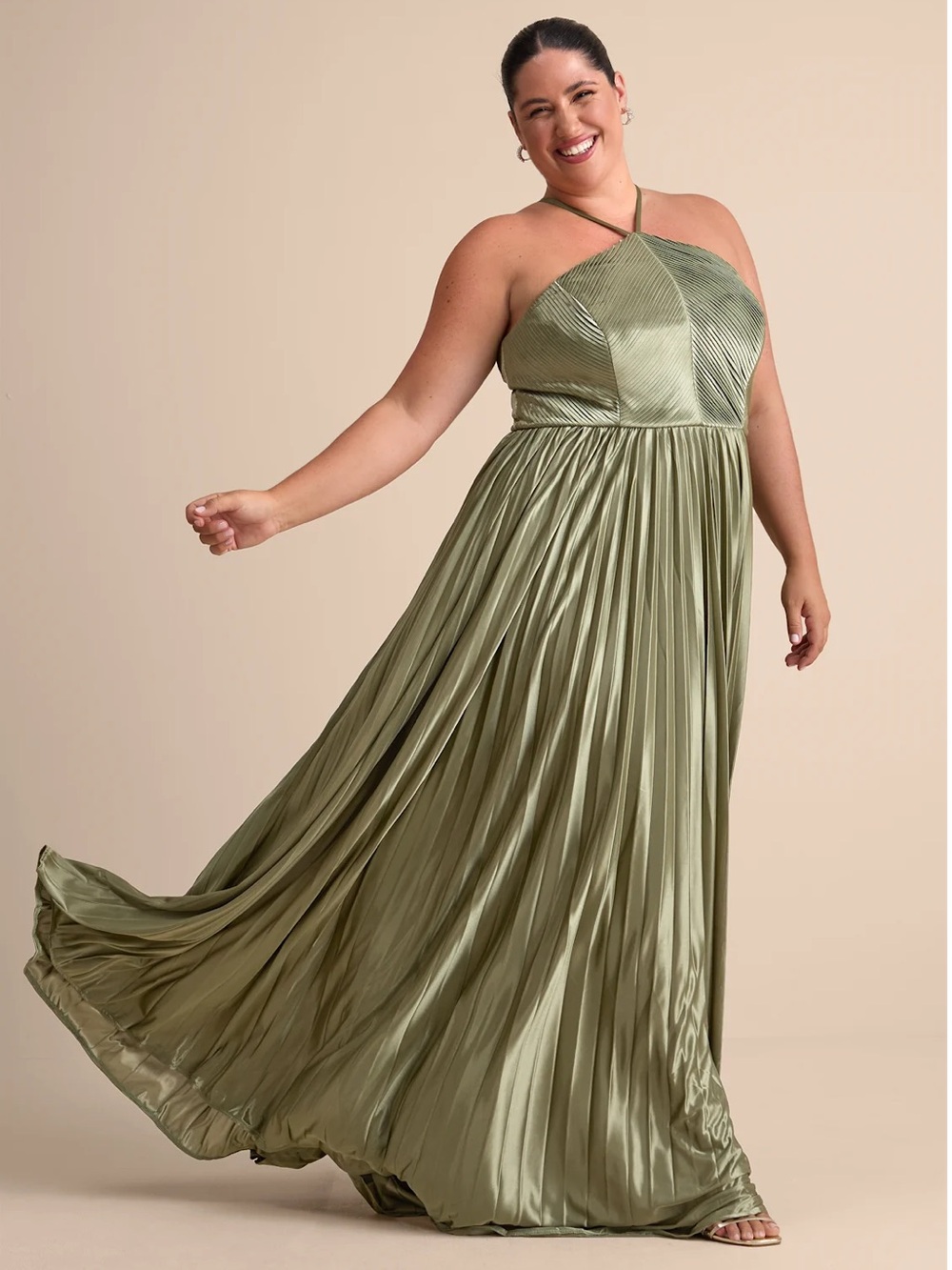 Lulus Elaborate Charm Olive Green Satin Pleated Backless Maxi Dress Event